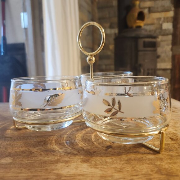 Vintage Libbey Golden Foliage Condiment Server 3 Bowl Metal Caddy MCM Party Set - Picture 3 of 11